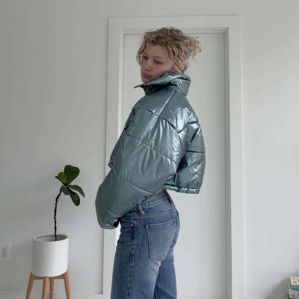 Big as blue metallic puffer jacket